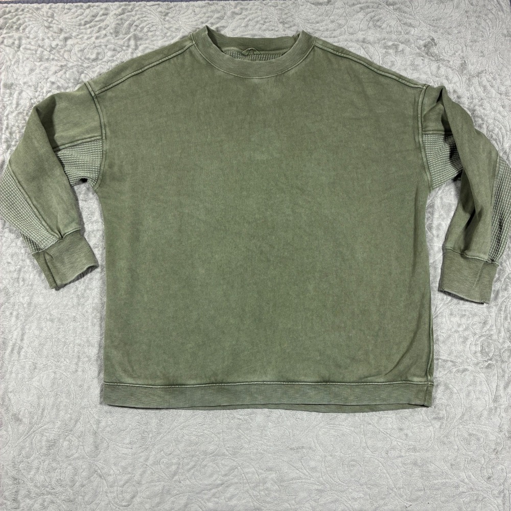 Aerie Crewneck Sweatshirt Size M Olive Green Waffle Knit Pullover Cozy Oversized